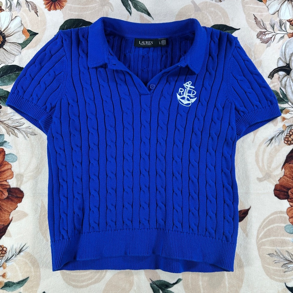 Lauren Ralph Lauren Womens Cable Knit Polo Sweater Anchor Logo Blue Size Large